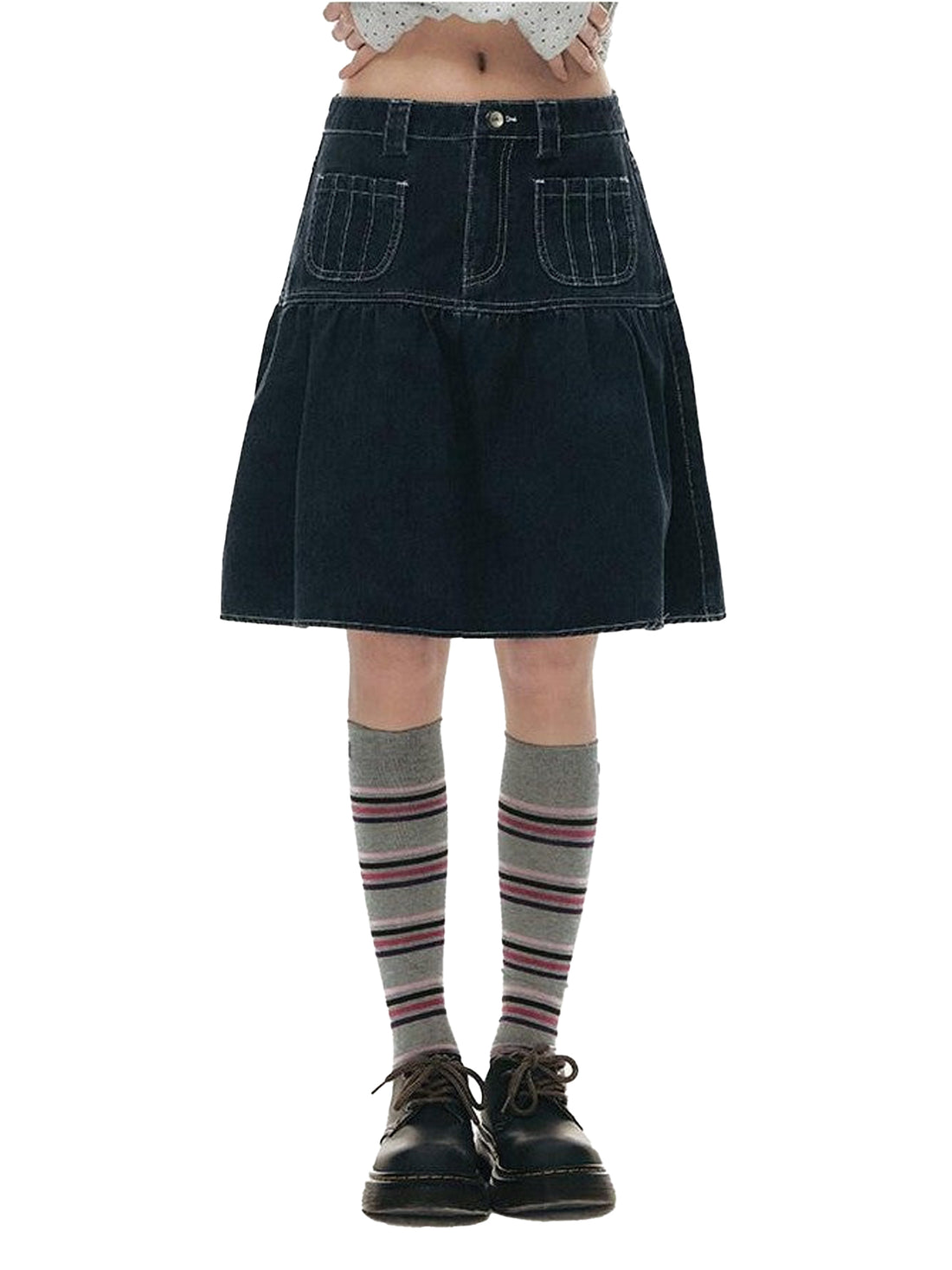 NAPSNAPS Vintage Blue Pocket Split Pleated Women&