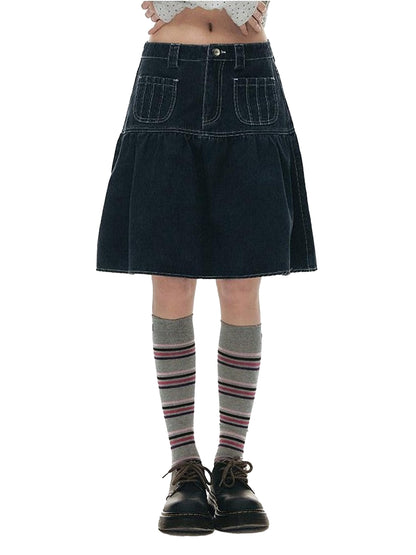 NAPSNAPS Vintage Blue Pocket Split Pleated Women&