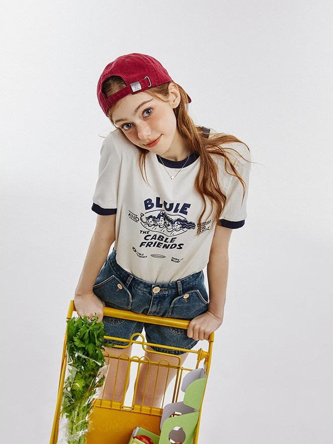 NAPSNAPS Vintage Cartoon Text Print Slim Crop Women&