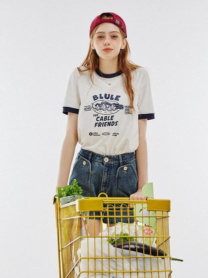 NAPSNAPS Vintage Cartoon Text Print Slim Crop Women&