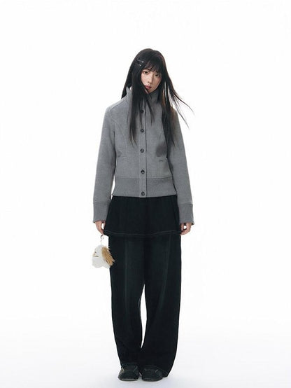 NAPSNAPS Vintage Deep Blue Pleated Spliced Washed Women&