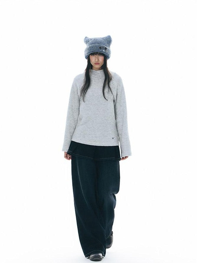 NAPSNAPS Vintage Deep Blue Pleated Spliced Washed Women&