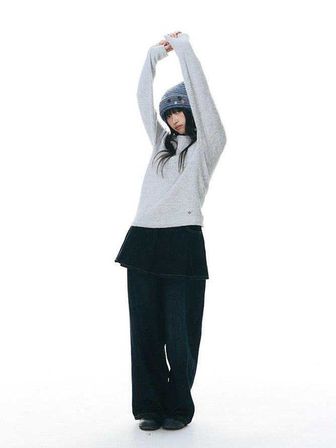 NAPSNAPS Vintage Deep Blue Pleated Spliced Washed Women&