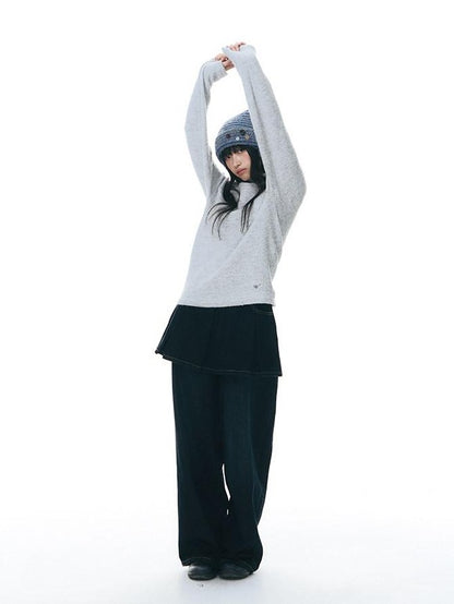 NAPSNAPS Vintage Deep Blue Pleated Spliced Washed Women&