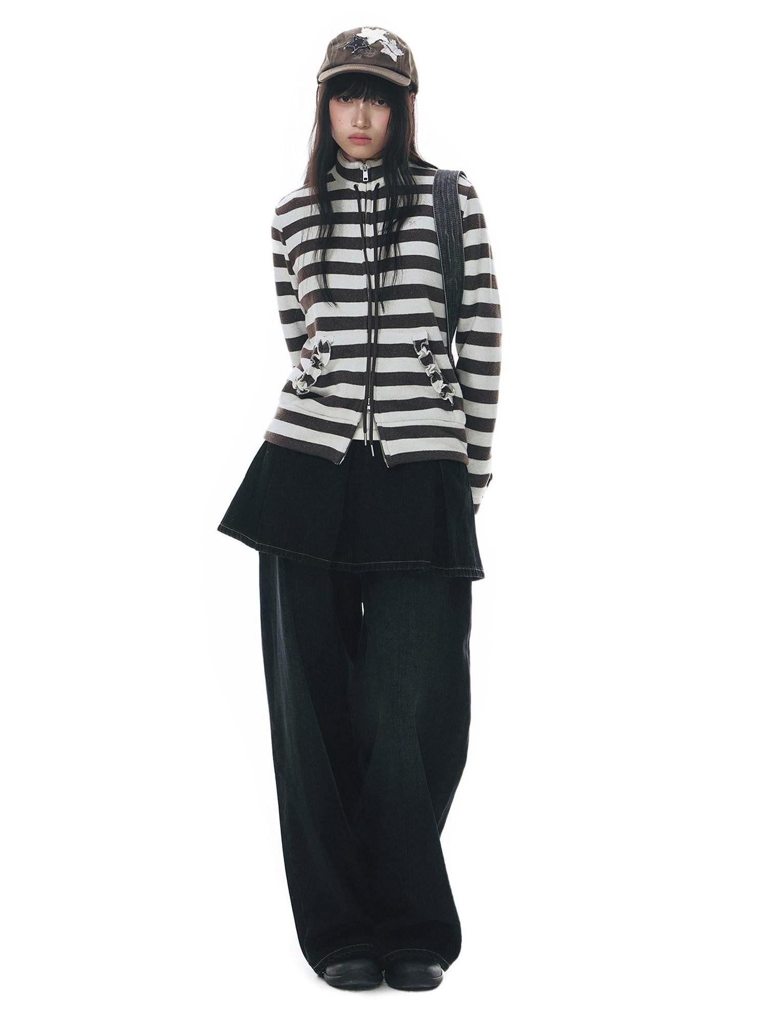NAPSNAPS Vintage Deep Blue Pleated Spliced Washed Women&