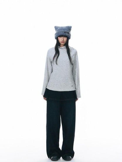 NAPSNAPS Vintage Deep Blue Pleated Spliced Washed Women&