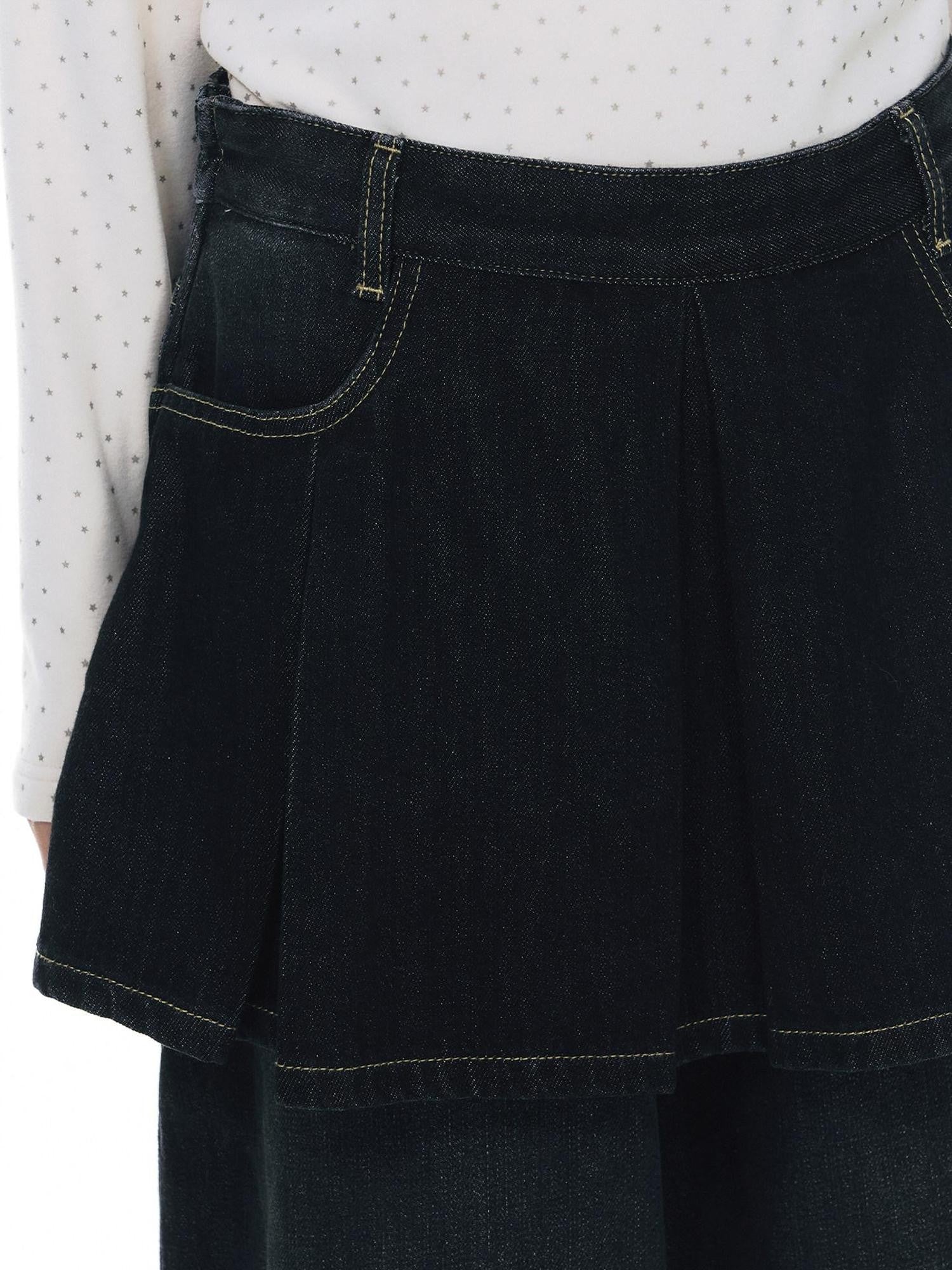 NAPSNAPS Vintage Deep Blue Pleated Spliced Washed Women&