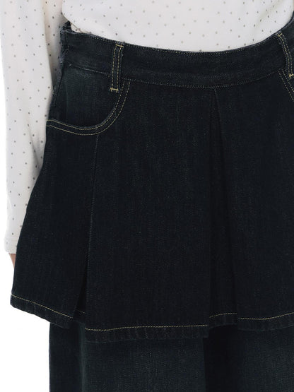 NAPSNAPS Vintage Deep Blue Pleated Spliced Washed Women&