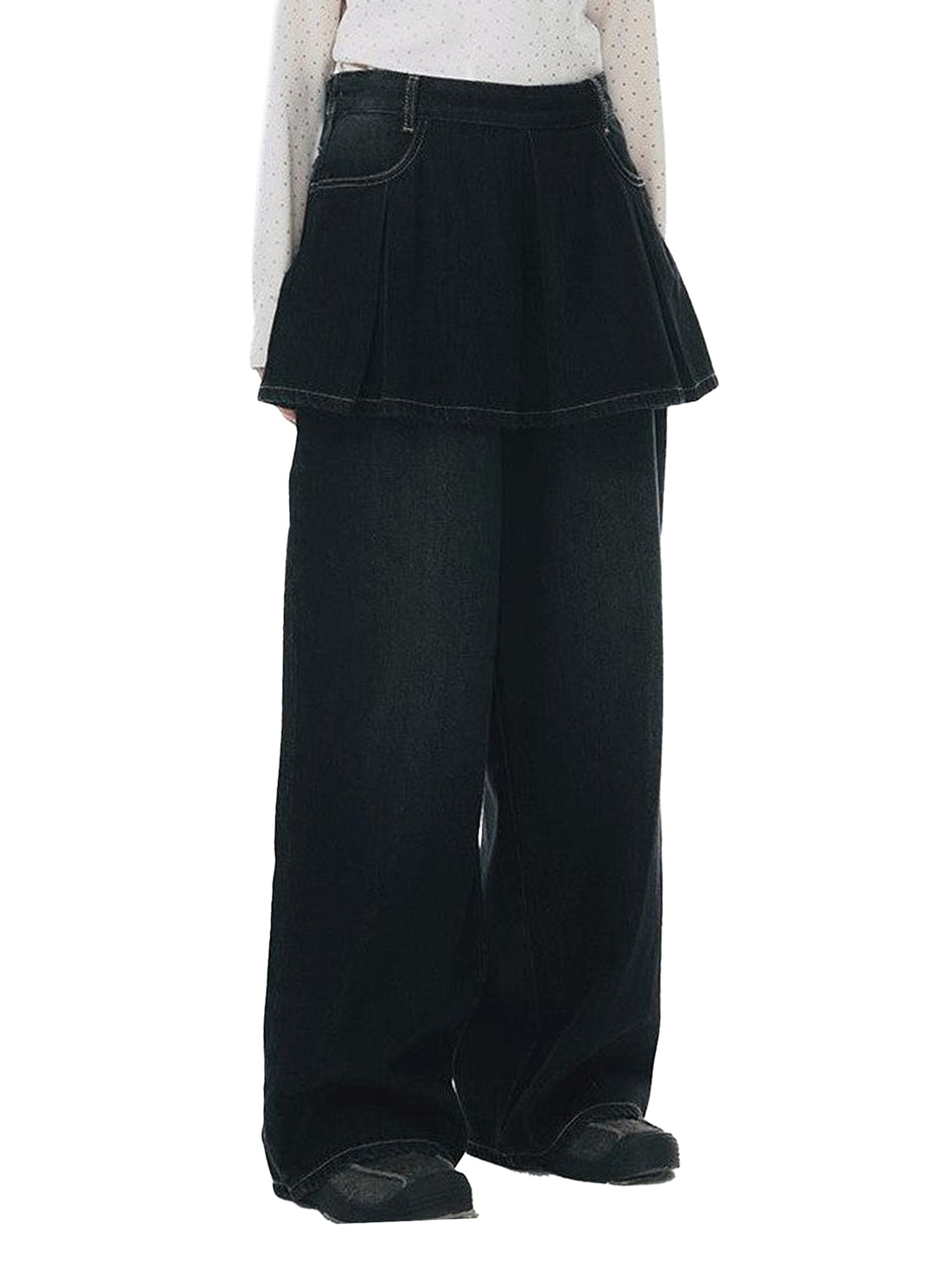 NAPSNAPS Vintage Deep Blue Pleated Spliced Washed Women&