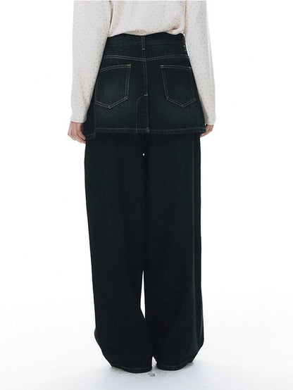 NAPSNAPS Vintage Deep Blue Pleated Spliced Washed Women&