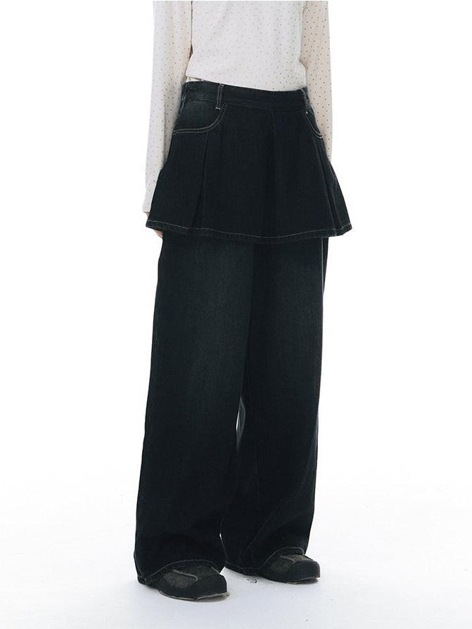 NAPSNAPS Vintage Deep Blue Pleated Spliced Washed Women&