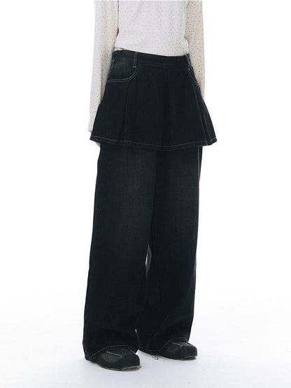 NAPSNAPS Vintage Deep Blue Pleated Spliced Washed Women&