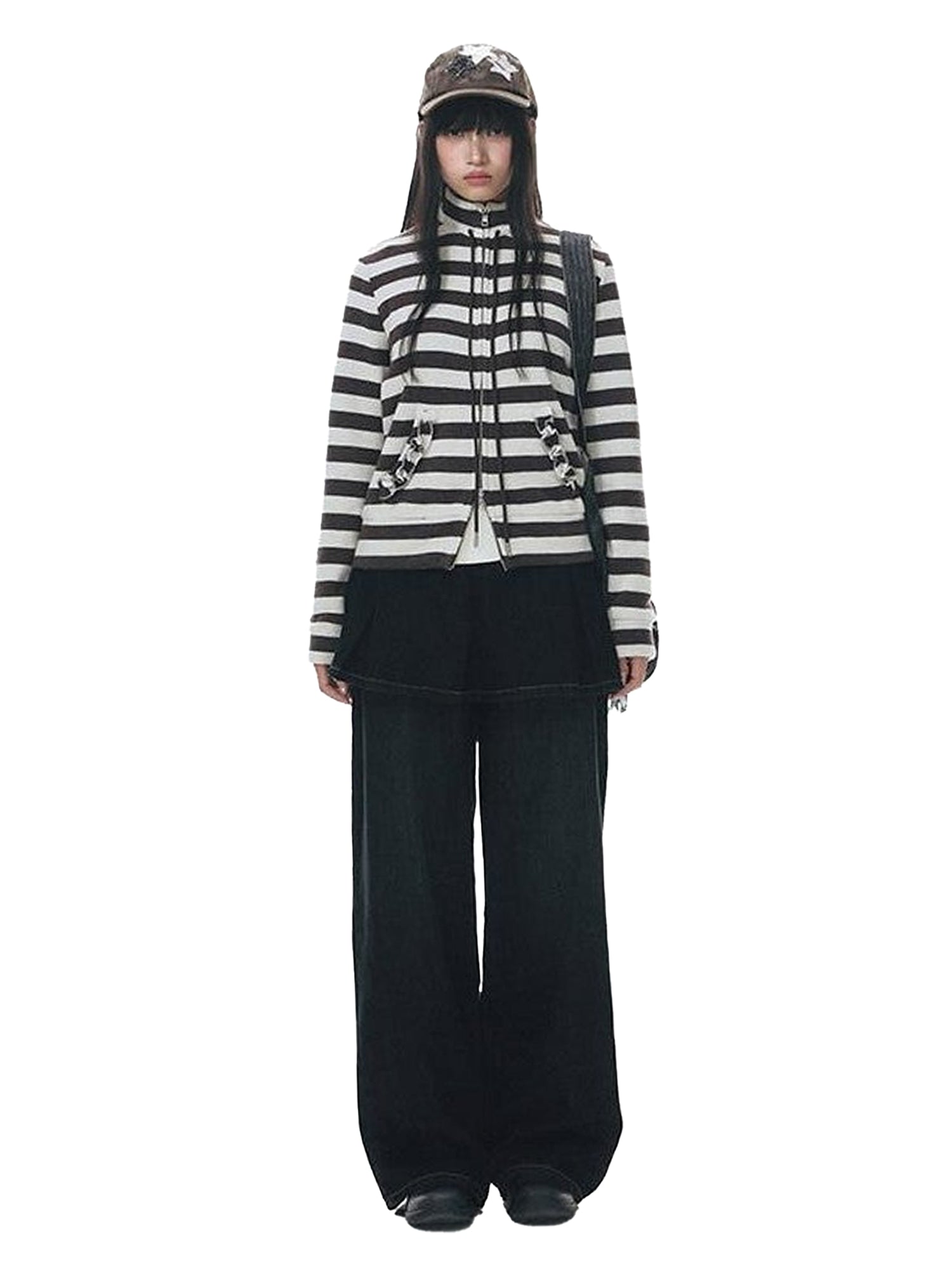 NAPSNAPS Vintage Deep Blue Pleated Spliced Washed Women&