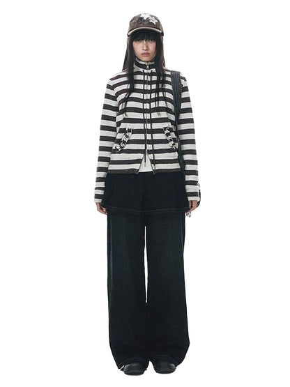 NAPSNAPS Vintage Deep Blue Pleated Spliced Washed Women&