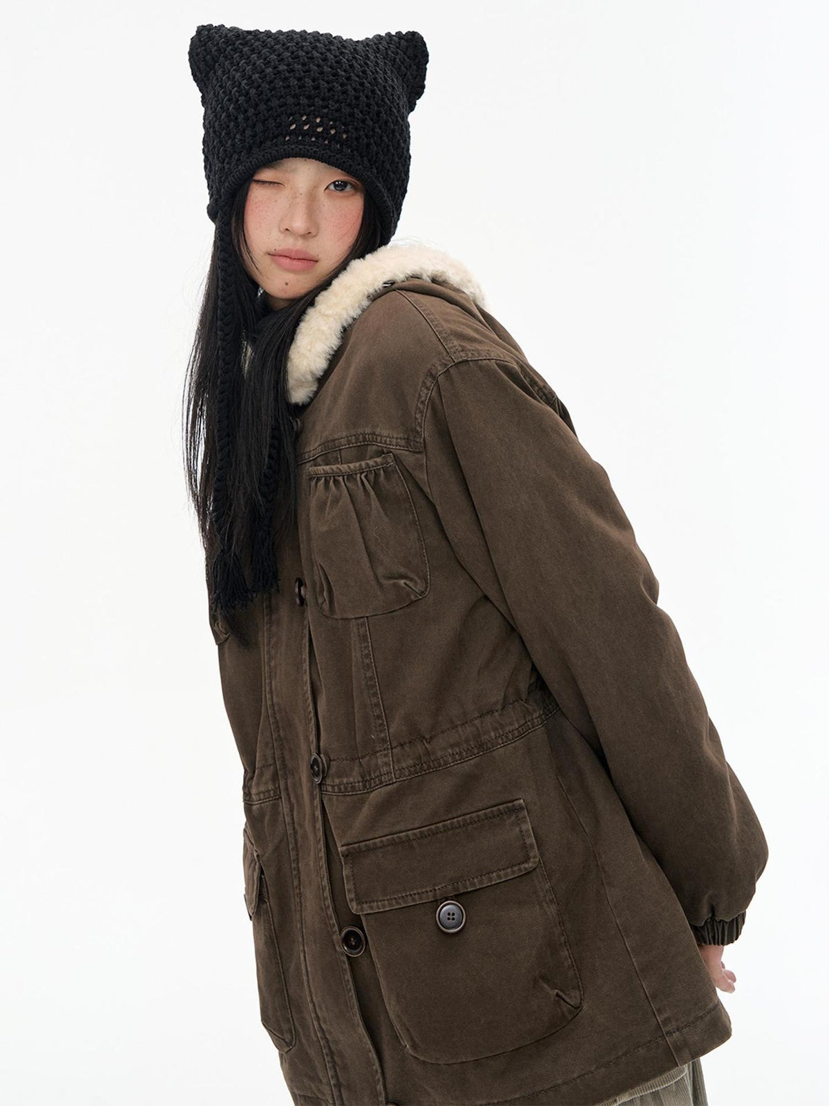 NAPSNAPS Vintage Distressed Hooded Utility Pocket Women&