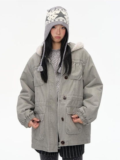 NAPSNAPS Vintage Distressed Hooded Utility Pocket Women&