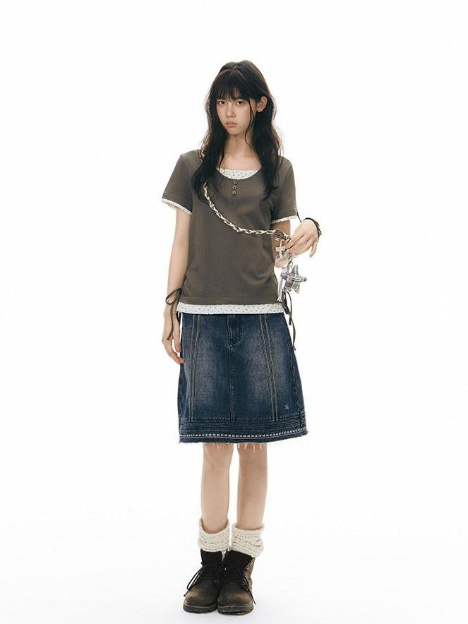 NAPSNAPS Vintage Embroidered Distressed Frayed Hem Women&