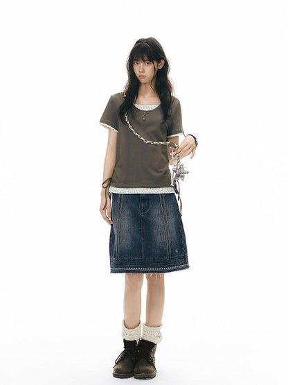 NAPSNAPS Vintage Embroidered Distressed Frayed Hem Women&