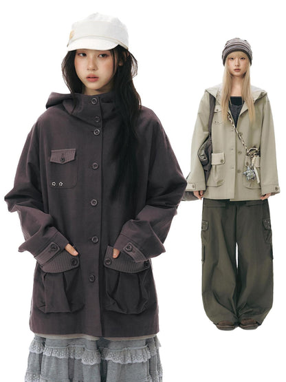 NAPSNAPS Vintage Hooded Patchwork Pocket Straight Women&
