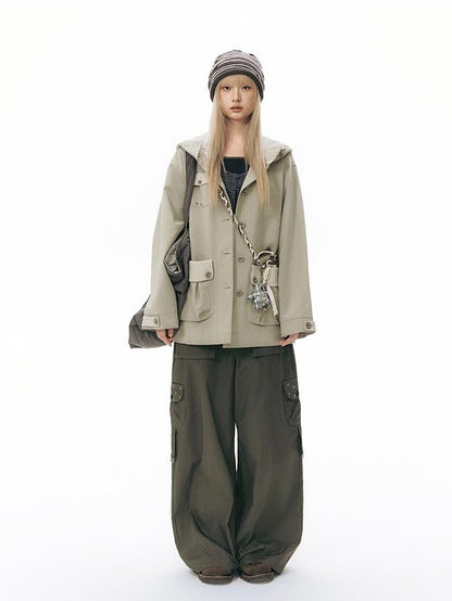 NAPSNAPS Vintage Hooded Patchwork Pocket Straight Women&