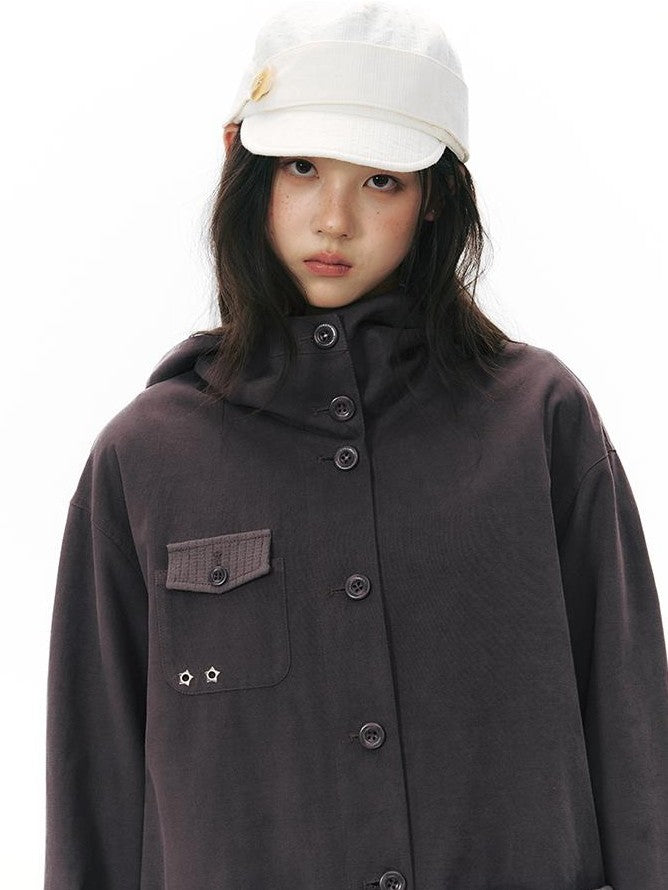 NAPSNAPS Vintage Hooded Patchwork Pocket Straight Women&