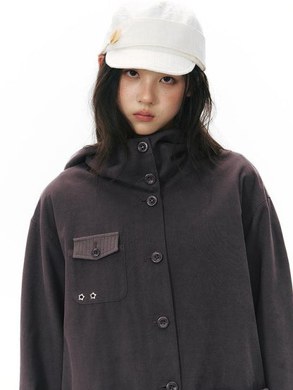NAPSNAPS Vintage Hooded Patchwork Pocket Straight Women&