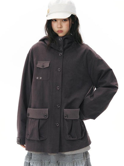 NAPSNAPS Vintage Hooded Patchwork Pocket Straight Women&