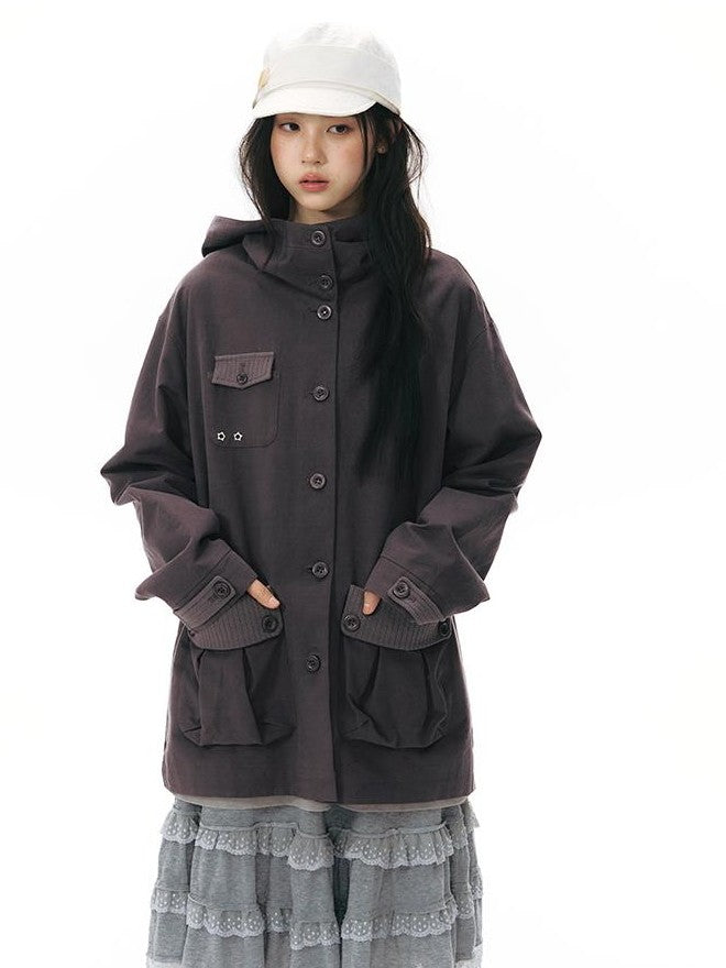 NAPSNAPS Vintage Hooded Patchwork Pocket Straight Women&