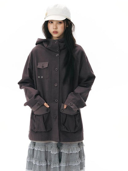 NAPSNAPS Vintage Hooded Patchwork Pocket Straight Women&