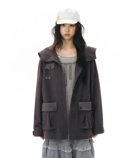 NAPSNAPS Vintage Hooded Patchwork Pocket Straight Women&