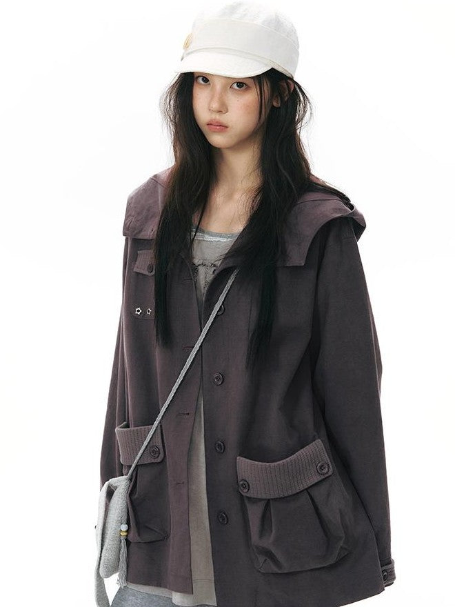 NAPSNAPS Vintage Hooded Patchwork Pocket Straight Women&
