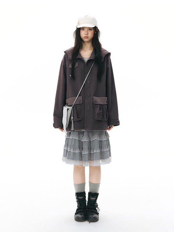 NAPSNAPS Vintage Hooded Patchwork Pocket Straight Women&