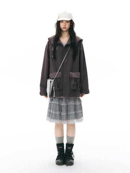 NAPSNAPS Vintage Hooded Patchwork Pocket Straight Women&