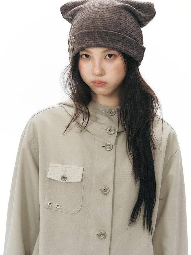 NAPSNAPS Vintage Hooded Patchwork Pocket Straight Women&