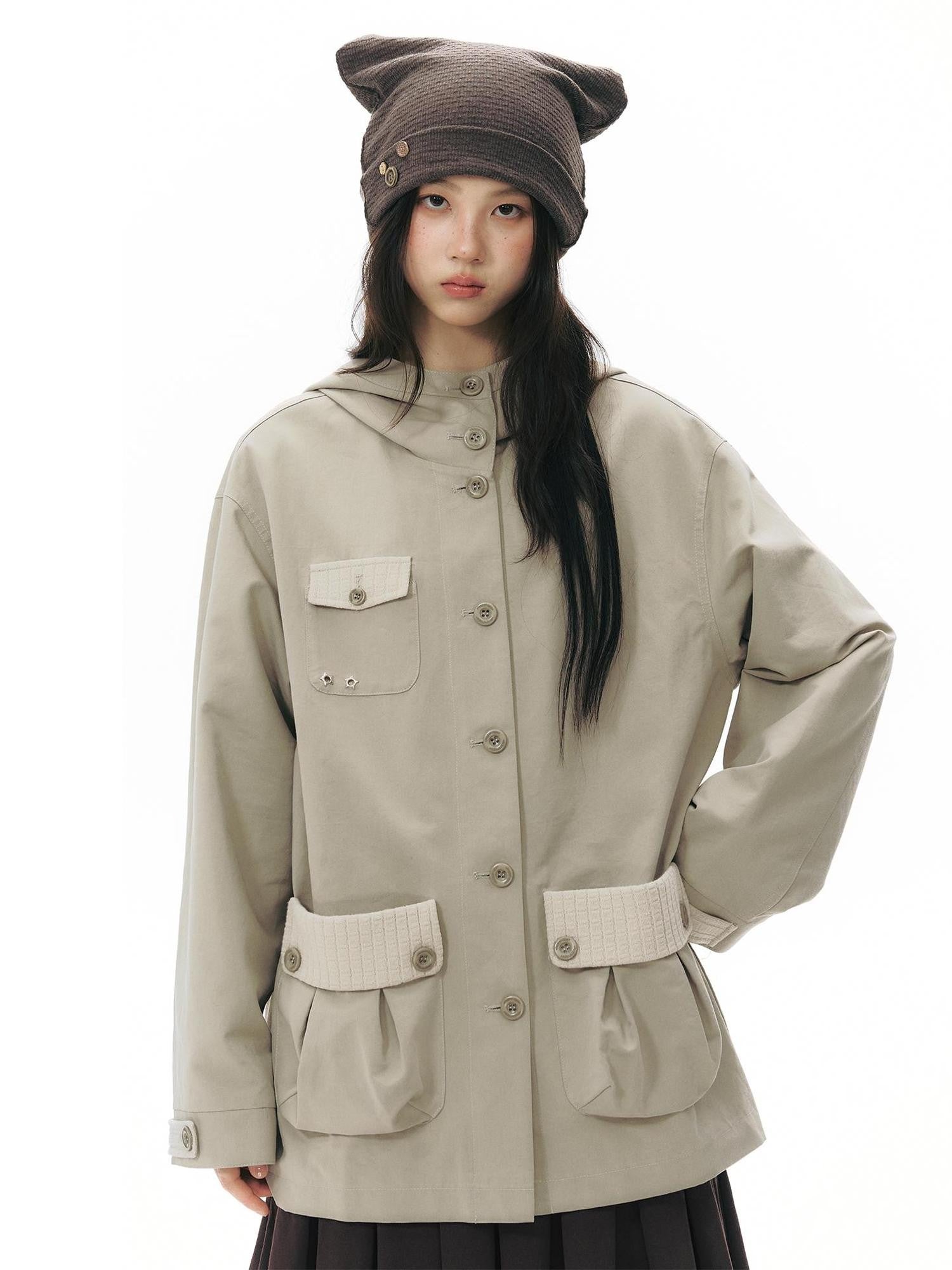 NAPSNAPS Vintage Hooded Patchwork Pocket Straight Women&