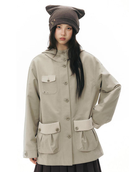 NAPSNAPS Vintage Hooded Patchwork Pocket Straight Women&