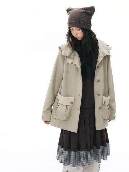 NAPSNAPS Vintage Hooded Patchwork Pocket Straight Women&