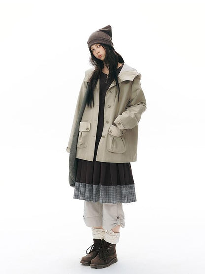 NAPSNAPS Vintage Hooded Patchwork Pocket Straight Women&