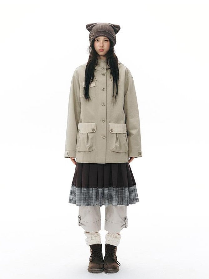 NAPSNAPS Vintage Hooded Patchwork Pocket Straight Women&