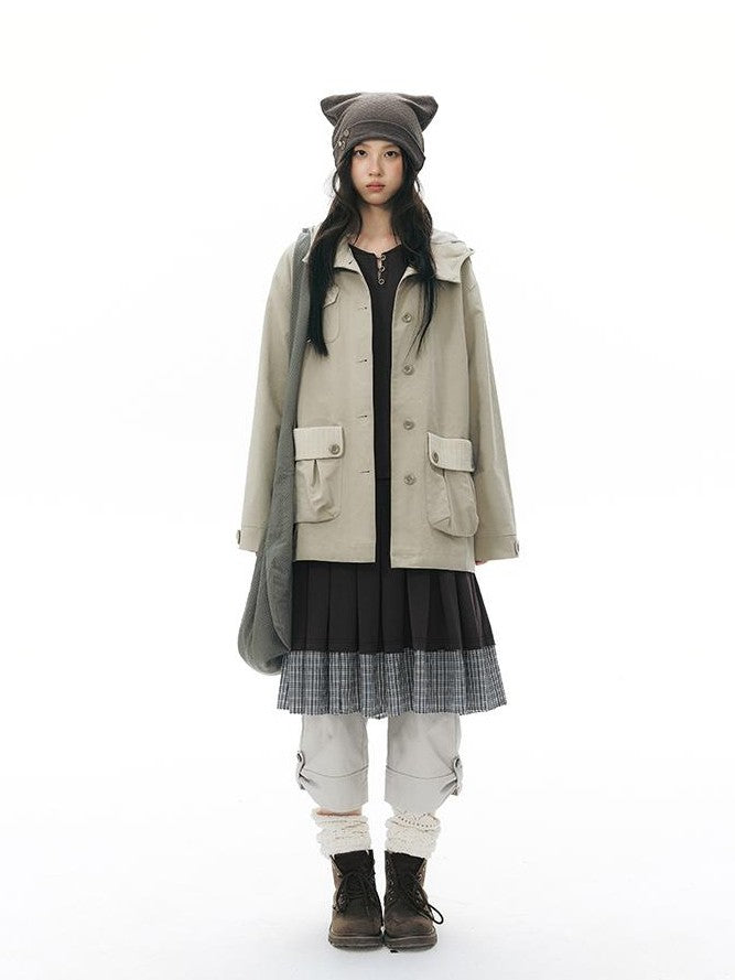 NAPSNAPS Vintage Hooded Patchwork Pocket Straight Women&