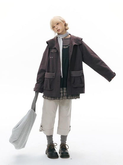 NAPSNAPS Vintage Hooded Patchwork Pocket Straight Women&