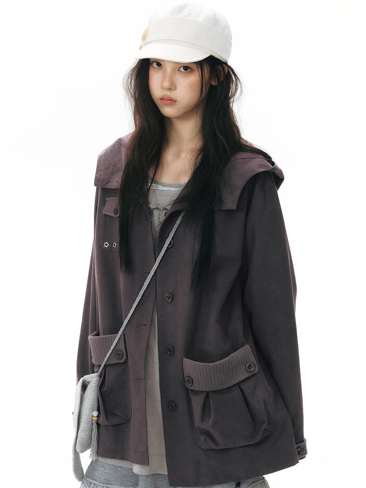 NAPSNAPS Vintage Hooded Patchwork Pocket Straight Women&