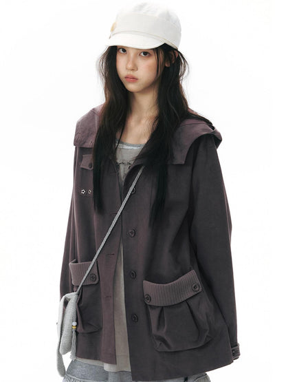 NAPSNAPS Vintage Hooded Patchwork Pocket Straight Women&