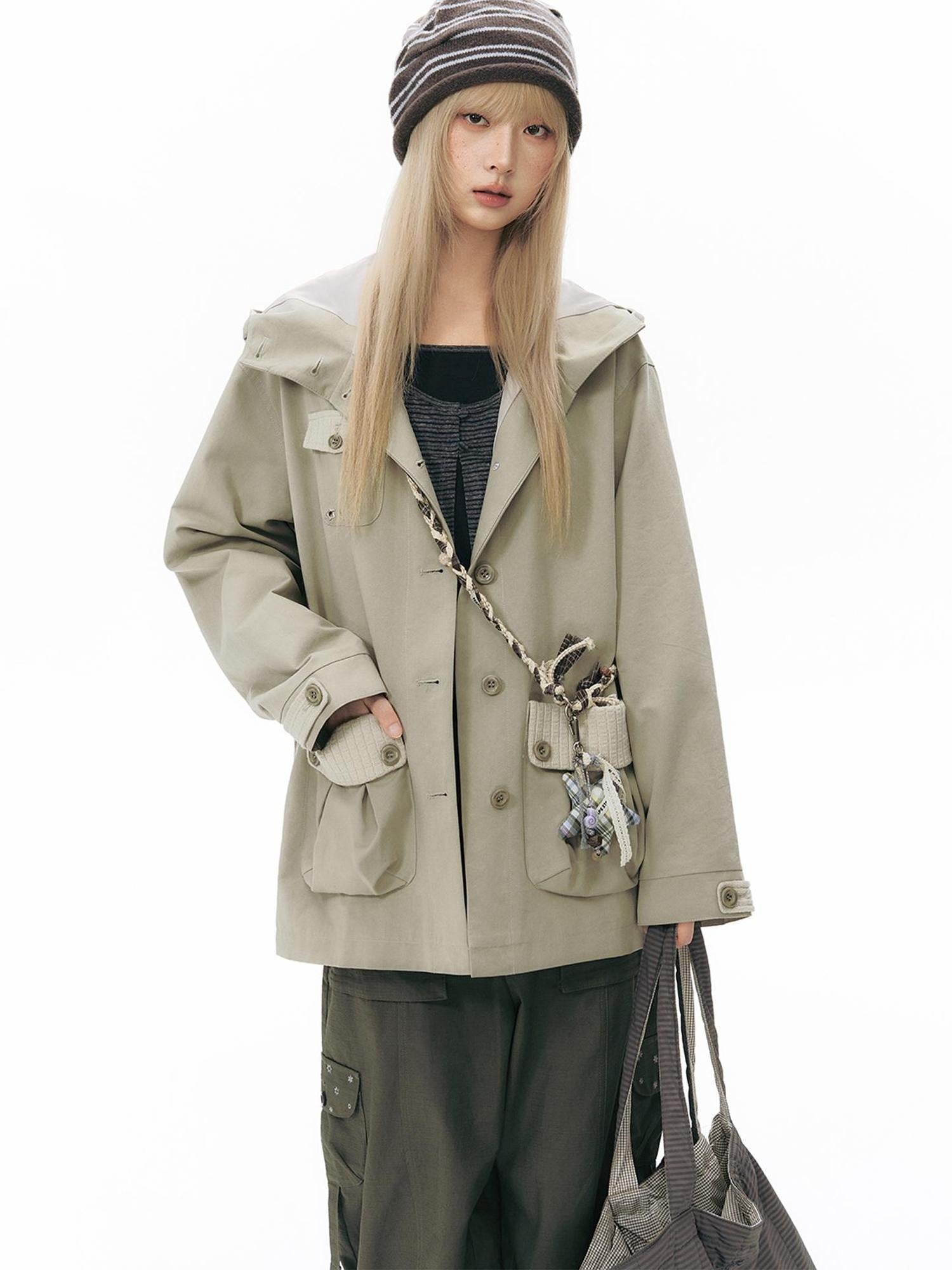 NAPSNAPS Vintage Hooded Patchwork Pocket Straight Women&