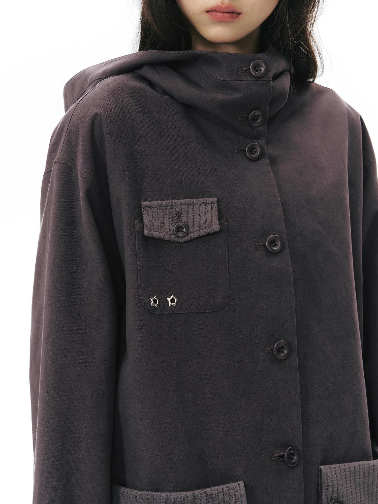 NAPSNAPS Vintage Hooded Patchwork Pocket Straight Women&