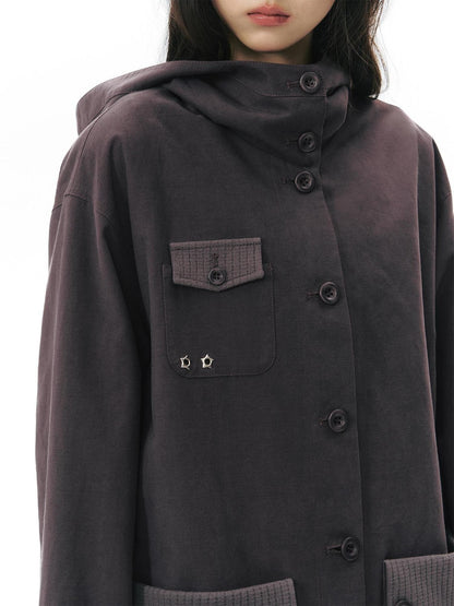 NAPSNAPS Vintage Hooded Patchwork Pocket Straight Women&