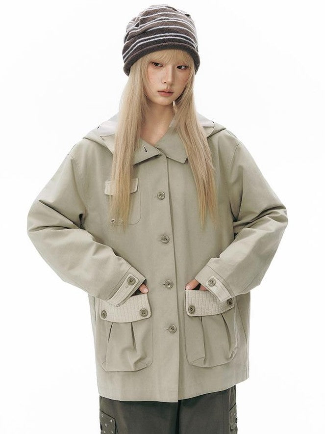 NAPSNAPS Vintage Hooded Patchwork Pocket Straight Women&