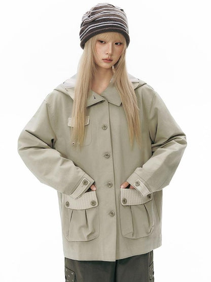 NAPSNAPS Vintage Hooded Patchwork Pocket Straight Women&