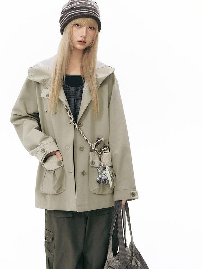 NAPSNAPS Vintage Hooded Patchwork Pocket Straight Women&