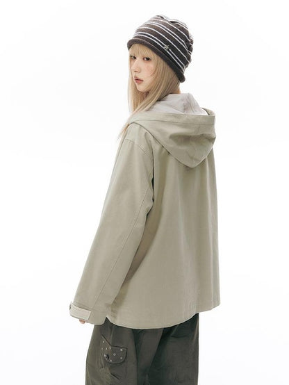 NAPSNAPS Vintage Hooded Patchwork Pocket Straight Women&